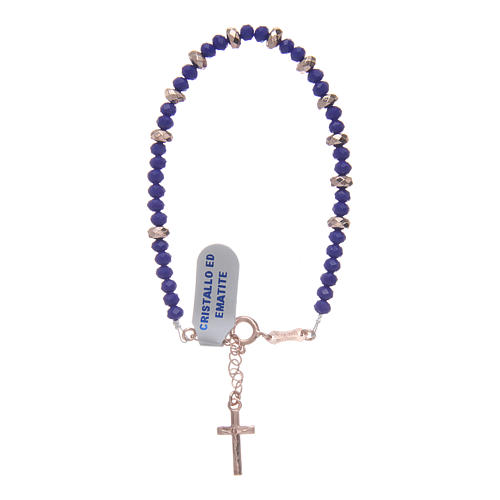 Pulsera rosario plata 925 cable cuentas de cristal azul y arandelas hematites rosada 1