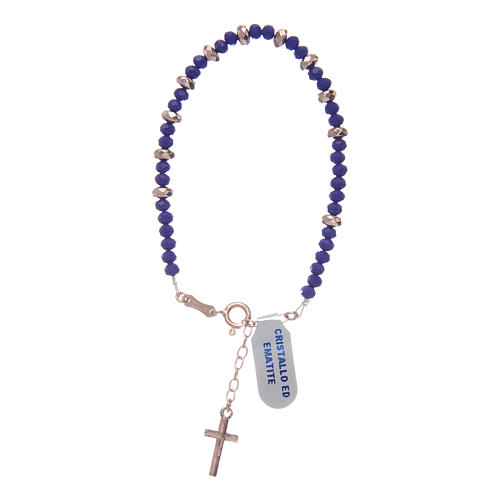 Bracciale rosario argento 925 cavetto cristallo blu cipollina e rondelle ematite rosé 2