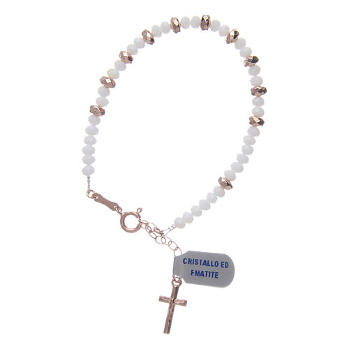 Pulsera rosario plata 925 cable cuentas de cristal blanca y arandelas hematites rosada 1