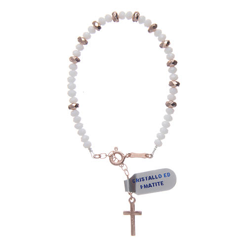 Pulsera rosario plata 925 cable cuentas de cristal blanca y arandelas hematites rosada 2