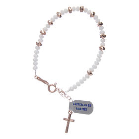 Pulseira terço prata 925 fio cristal branco e argolas hematita rosê