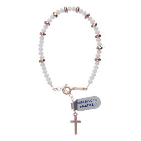 Rosary bracelet in 925 sterling silver with cord in white crystal and cipollino marble and small rosè hematite washers