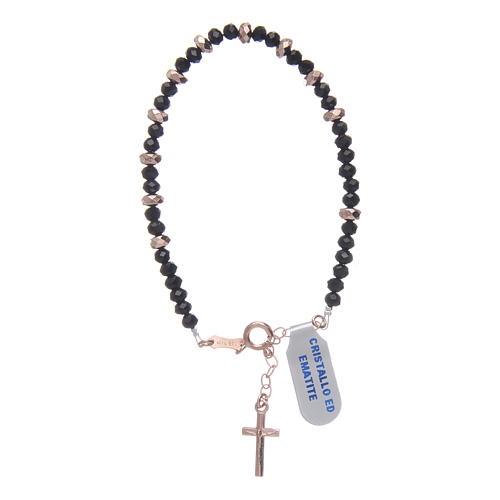 Rosary bracelet in 925 sterling silver with cord in black crystal and cipollino marble and small rosè hematite washers 2