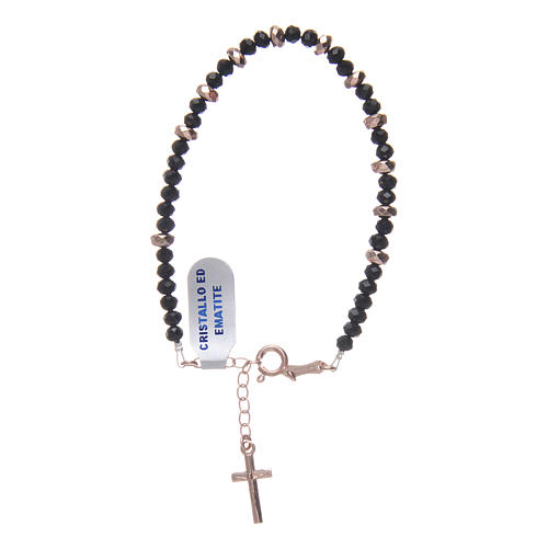 Rosary bracelet in 925 sterling silver with cord in black crystal and cipollino marble and small rosè hematite washers 1