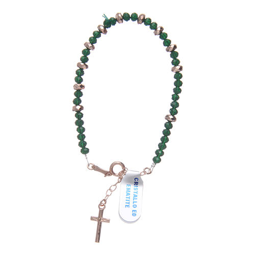 Pulseira terço prata 925 fio cristal verde e argolas hematita rosê 1