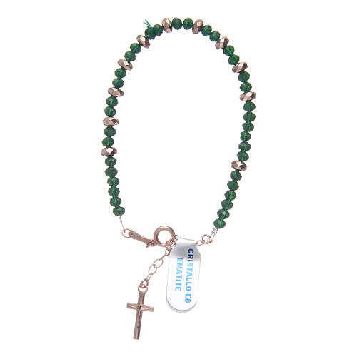Rosary bracelet in 925 sterling silver with cord in green crystal and cipollino marble and small rosè hematite washers 1