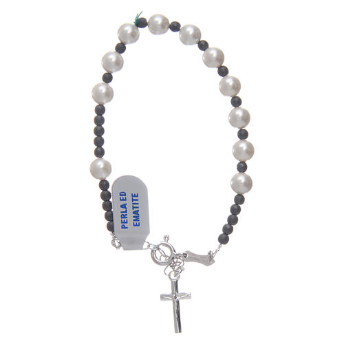 Pulsera rosario cable plata 925 bolitas perla y hematites lisa satinada 1