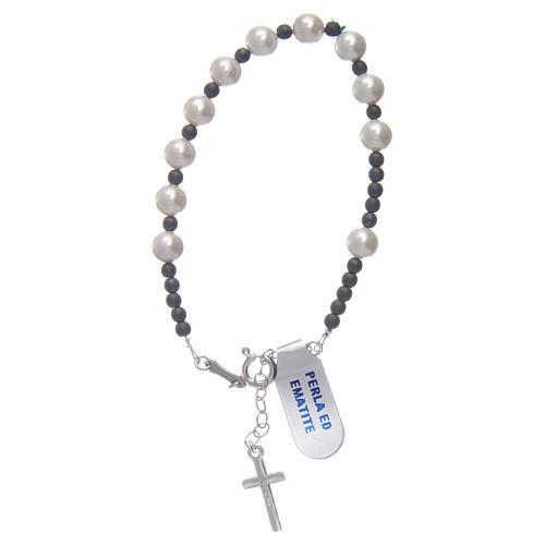 Bracciale rosario cavetto argento 925 palline perla ed ematite liscia satinata 2