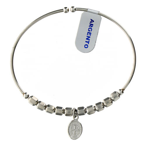 Rosary bracelet in 925 sterling silver and rhodium with hexagonal beads 5 mm and Saint Benedict cross 2