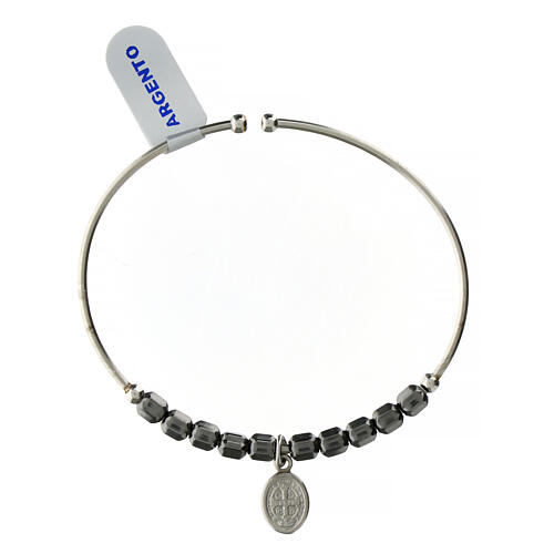 Rosary bracelet in 925 sterling silver and ruthenium with hexagonal beads 5 mm and Saint Benedict cross 2
