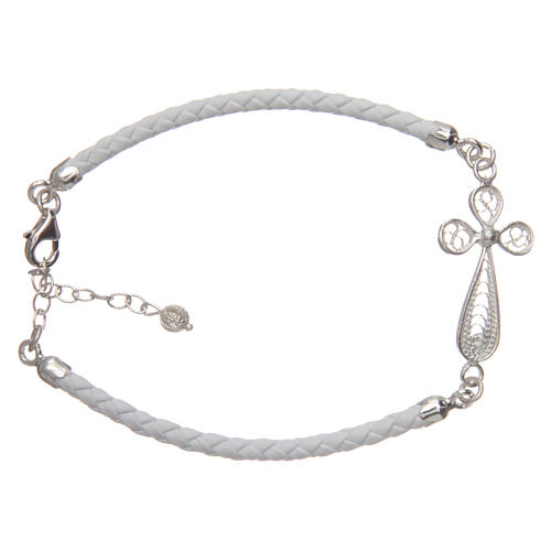 Bracelet in white eco-leather and cross in 925 silver filigree 1
