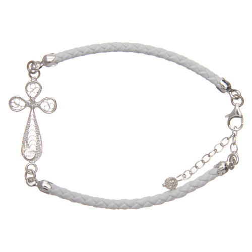 Bracelet in white eco-leather and cross in 925 silver filigree 2