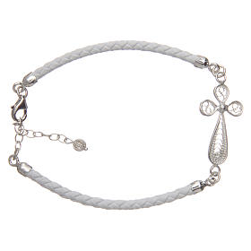 Pulseira imitação de couro branco com cruz filigrana prata 925