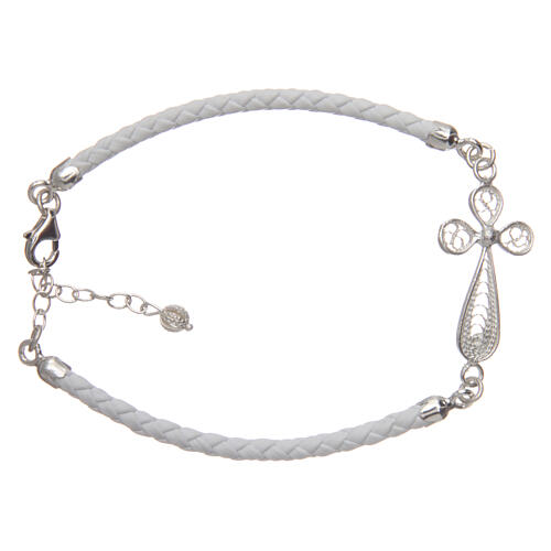 Bracelet in white eco-leather and filigree cross 925 silver 1