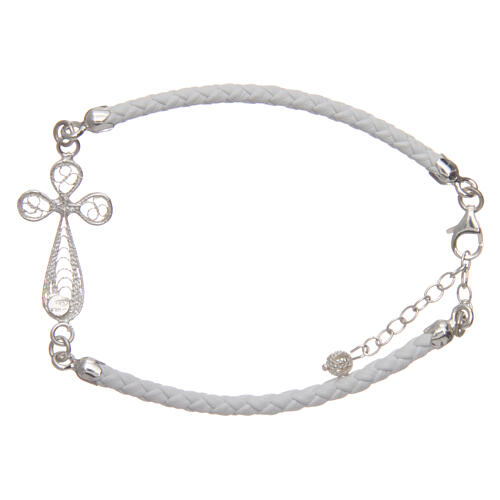Bracelet in white eco-leather and filigree cross 925 silver 2