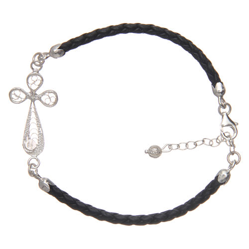 Bracelet in black eco-leather and cross in 925 silver filigree 2