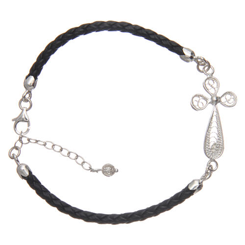 Bracelet in black eco-leather and filigree cross 925 silver 1