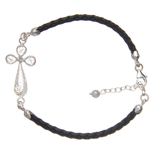 Bracelet in black eco-leather and filigree cross 925 silver 2