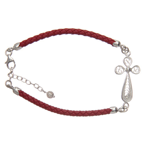 Bracelet in red eco-leather and cross in 925 silver filigree 1