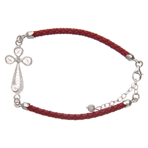 Bracelet in red eco-leather and cross in 925 silver filigree 2