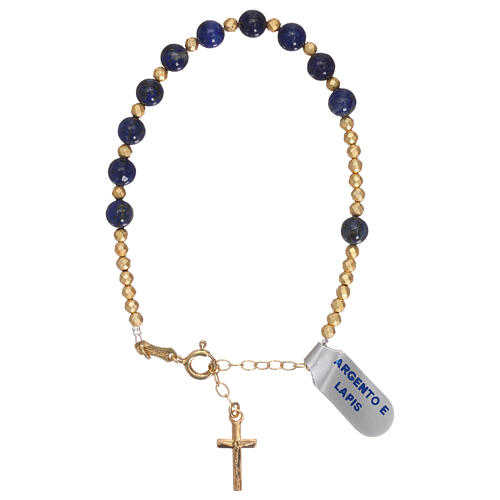 Bracelet with gold plated 925 silver cross and lapis lazuli single decade rosary 1