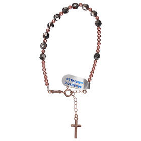 Decade rosary bracelet with cross, in 925 silver rose with grey strass