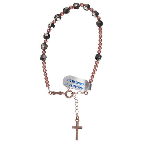 Decade rosary bracelet with cross, in 925 silver rose with grey strass 2