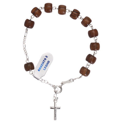 Cross charm bracelet in 925 silver and wooden decade beads 1