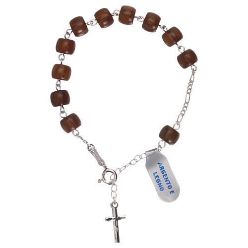 Cross charm bracelet in 925 silver and wooden decade beads 2