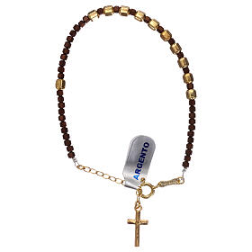 Single decade rosary bracelet, gold plated 925 silver cross and brown hematite