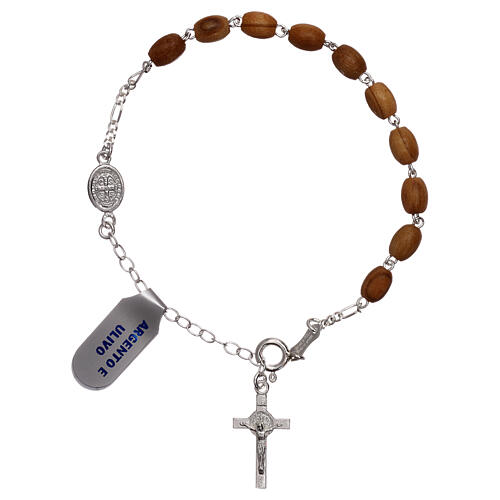 Single decade rosary bracelet with wood beads and St Benedict's pater 1