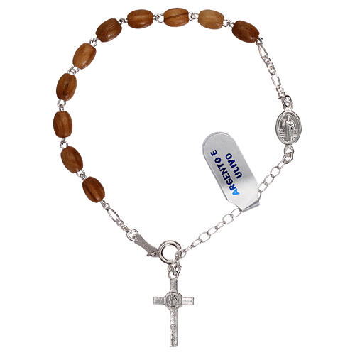 Single decade rosary bracelet with wood beads and St Benedict's pater 2