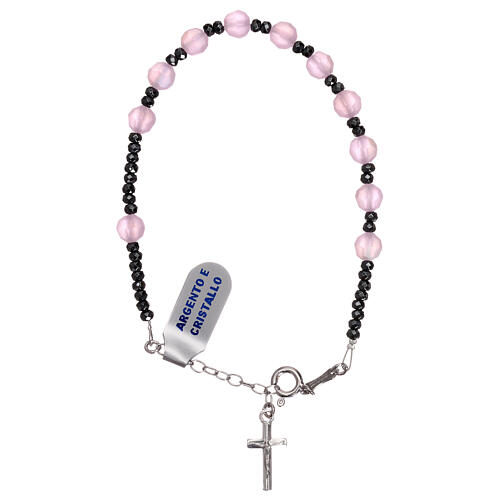 Rosary bracelet with 925 silver cross and satin pink crystal single decade 1