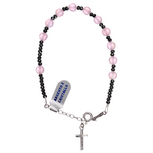 Pulsera rosario cruz plata 925 y decena cristal satinado rosa 1
