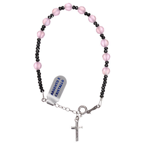 Rosary bracelet with cross ,925 silver with satin pink crystal beads 1