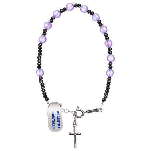 Decade rosary bracelet lilac satin crystal and 925 silver cross 1