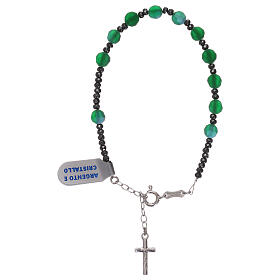 Single decade rosary bracelet with cross, in 925 silver with satin green beads