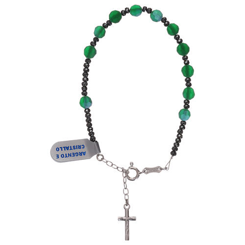 Single decade rosary bracelet with cross, in 925 silver with satin green beads 2