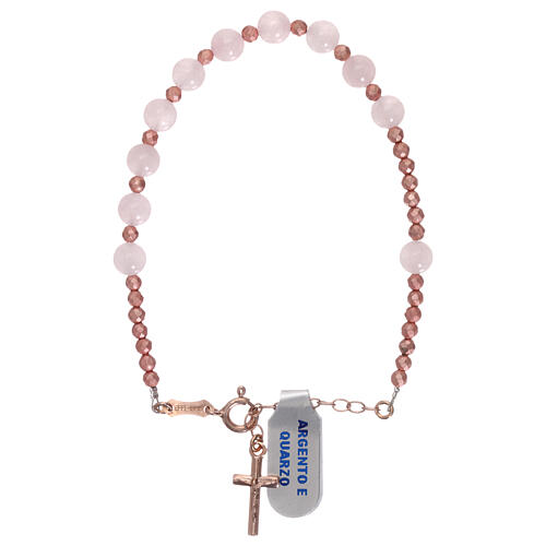 Single decade rosary of pink quartz with pink silver cross 1