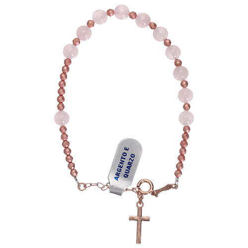 Single decade rosary of pink quartz with pink silver cross 2