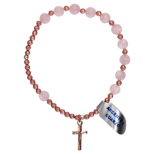 Elastic rosary bracelet in pink quartz and rose cross 1
