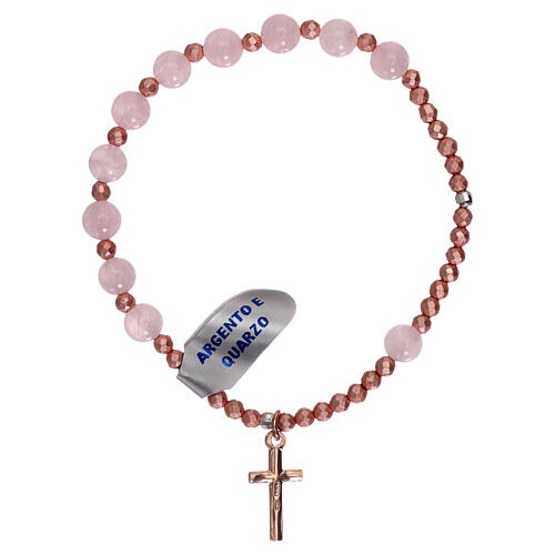 Elastic rosary bracelet in pink quartz and rose cross 2