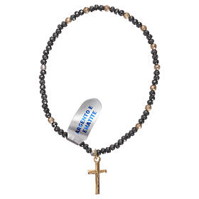 Elastic single decade rosary bracelet, silver cross and golden hematite