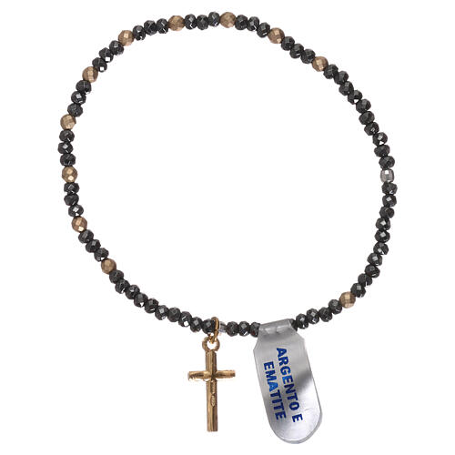 Elastic single decade rosary bracelet, silver cross and golden hematite 1