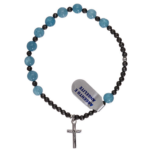 Elastic single decade rosary bracelet, angelite and 925 silver cross 1