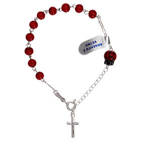 Decade rosary bracelet in red glass with ladybug charm