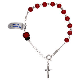 Decade rosary bracelet in red glass with ladybug charm