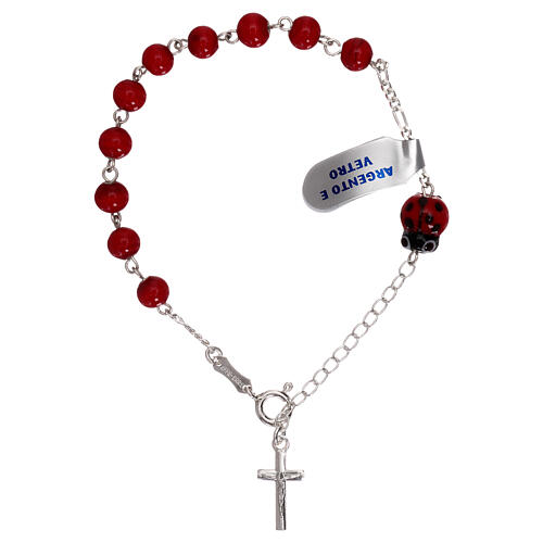 Decade rosary bracelet in red glass with ladybug charm 1
