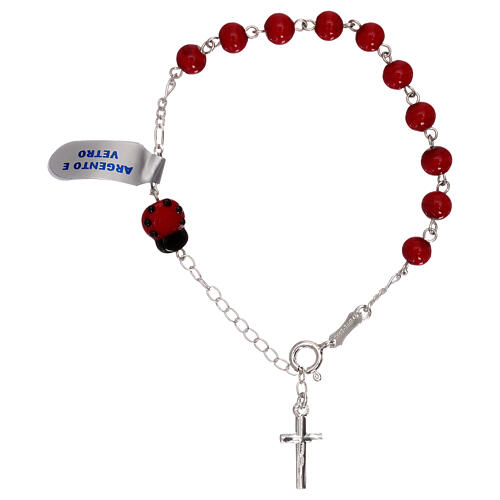 Decade rosary bracelet in red glass with ladybug charm 2