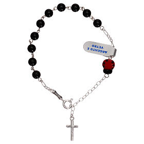 One decade rosary bracelet, black glass beads with ladybug